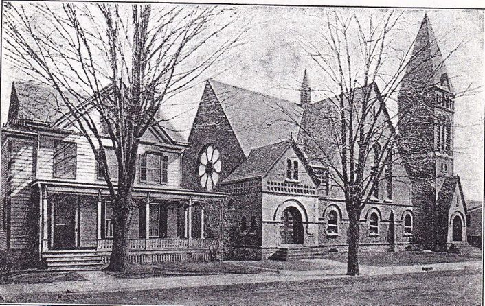 A black and white picture of Trinity Church in early days