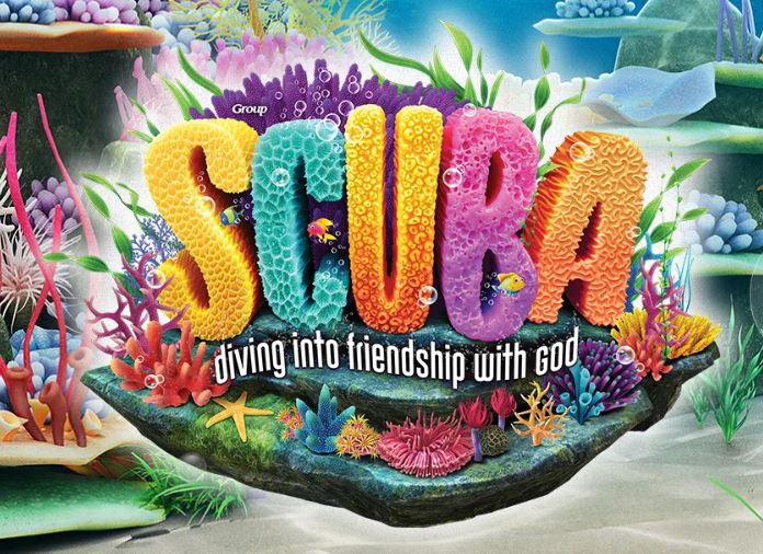 A colorful poster of scuba diving into friendship with god.
